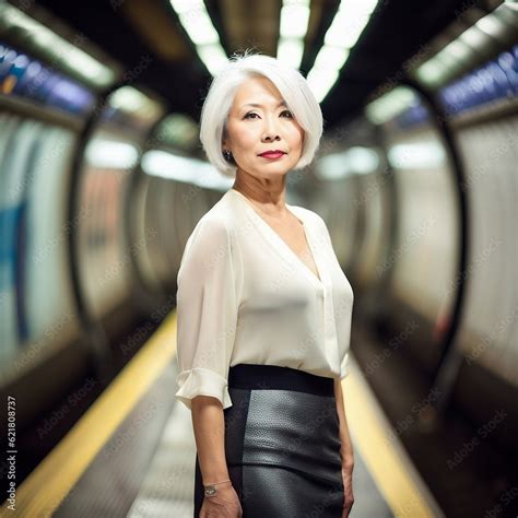 Mature Beautiful Japanese Women With Platinum Blonde Hair Poses In Street In Underground Railway
