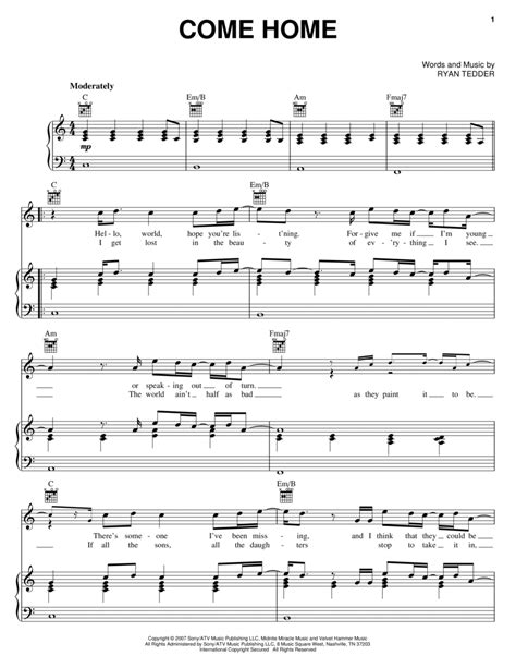 Come Home by OneRepublic - Guitar - Digital Sheet Music | Sheet Music Plus