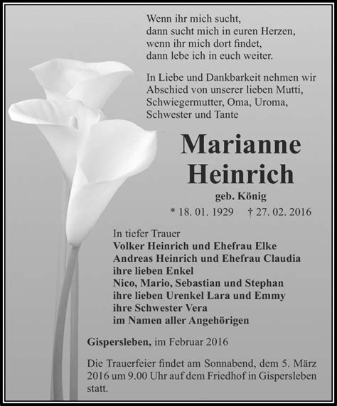 Traueranzeigen Von Marianne Heinrich Trauer In Thueringen De