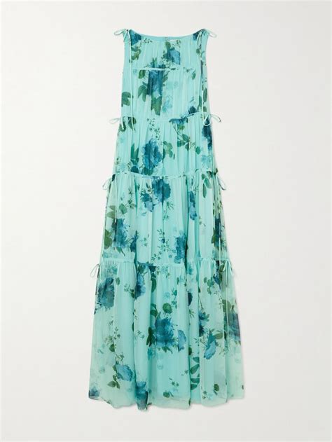 Erdem Tie Detailed Tiered Floral Print Silk Crepe De Chine Maxi Dress