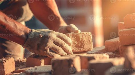 Professional Bricklayer Builder Installing Bricks At Construction Site