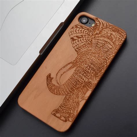 Elephant Customized Name Carved Natural Real Wood Phone Cases For