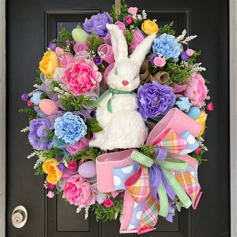 Bunny Wreath For Front Door Easter Floral Decor Spring Bunny Wreath