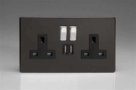 Varilight Flat Plate Screwless Jet Black 2 Gang 13a Single Pole Switched Socket With Metal