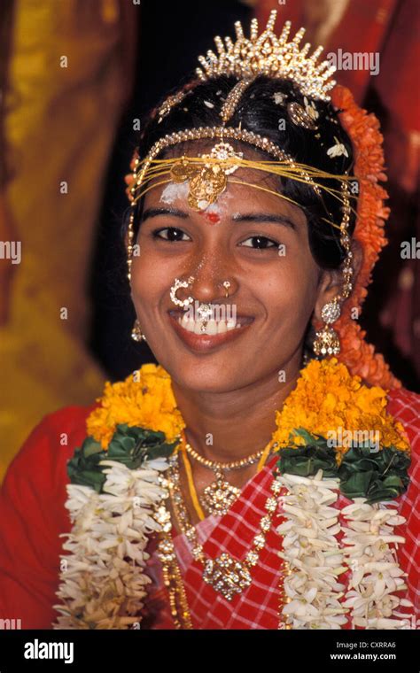 Robed bride, smiling, Tamil wedding, Pondicherry, Tamil Nadu, India ...