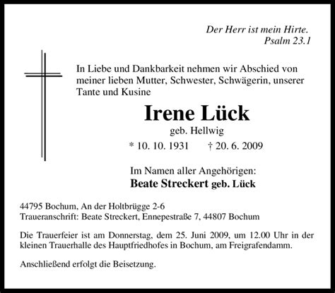 Traueranzeigen Von Irene L Ck Trauer In Nrw De