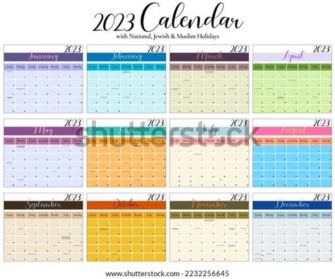 2023 Twelve Month Calendar Holidays Vector Stock Vector (Royalty Free ...