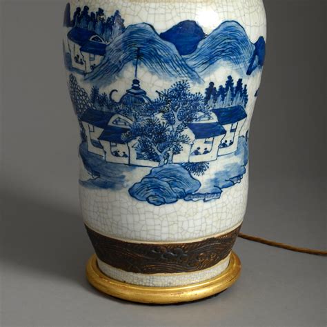 Tall Th Century Blue And White Glazed Crackleware Vase Lamp For Sale