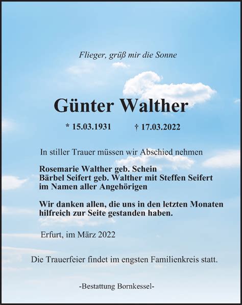 Traueranzeigen von Günter Walther trauer in thueringen de