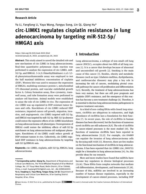 PDF Circ LIMK1 Regulates Cisplatin Resistance In Lung Adenocarcinoma