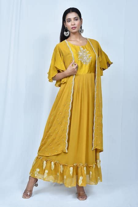 Buy Yellow Georgette Embroidered Floral Round Anarkali With Shrug For