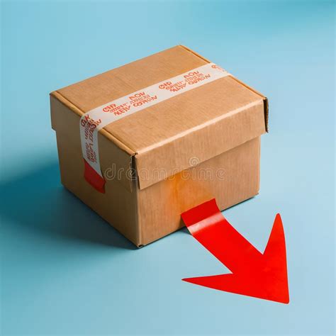 Cardboard Box With Tape Seal On Light Blue Red Arrow Points Down Stock