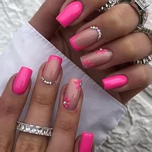Amazon 24 Pcs Hot Pink Press On Nails Medium Square SHANRUN Spring Fake Nails Press Ons