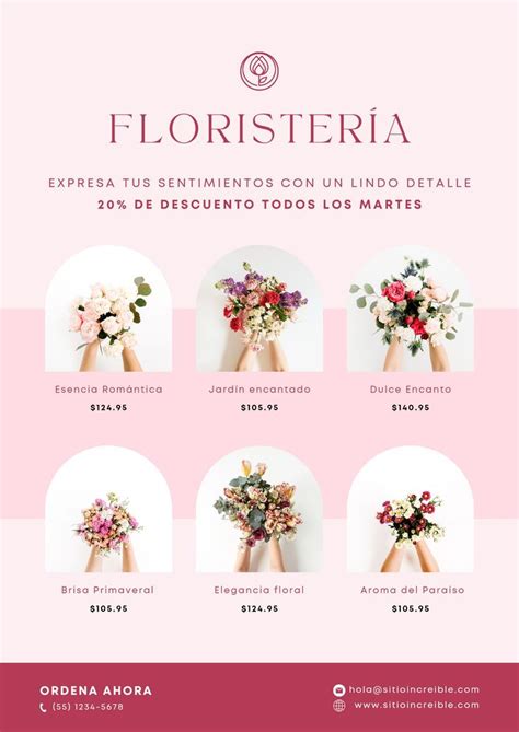 Plantilla de flyer para floristería color rosado con el logo y título