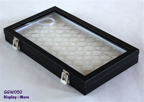 Gemstone Opal Display Case With 50 Gem Jars Glass Lid Black