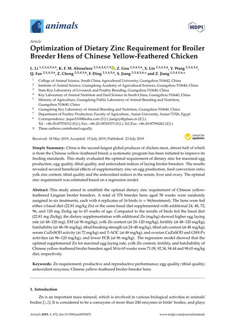 Pdf Optimization Of Dietary Zinc Requirement For Broiler Breeder Hens Of Chinese Yellow