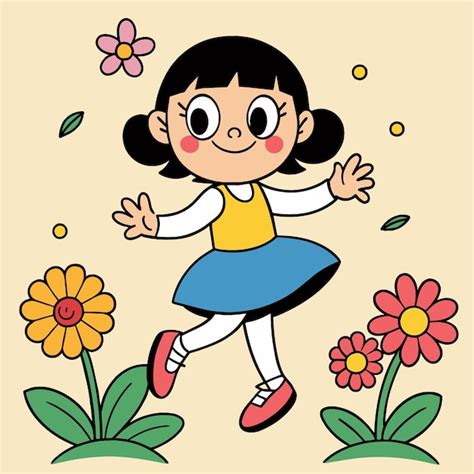 Un Dessin Anim D Une Fille Qui Court Dans L Herbe Avec Des Fleurs