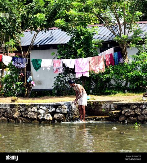 Kochin India 15th November 2019a Man Bathing In The Freshwater Of