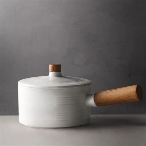 100% Ceramic Saucepan With Bamboo Handle - White - For Light Sleepers