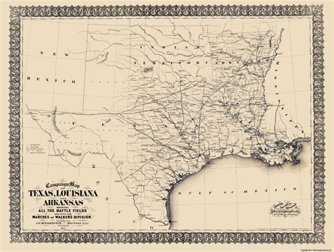 Civil War Map - Texas, Louisiana, & Arkansas 1871 - Texas Civil War Map ...