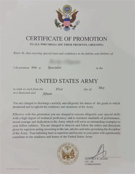 Certificate Of Promotion Army