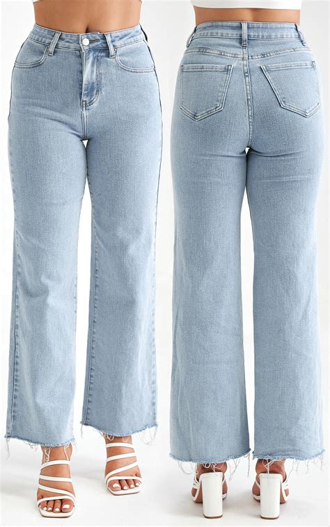 Aubreen High Rise Raw Cut Straight Wide Jeans Light Blue By Amica