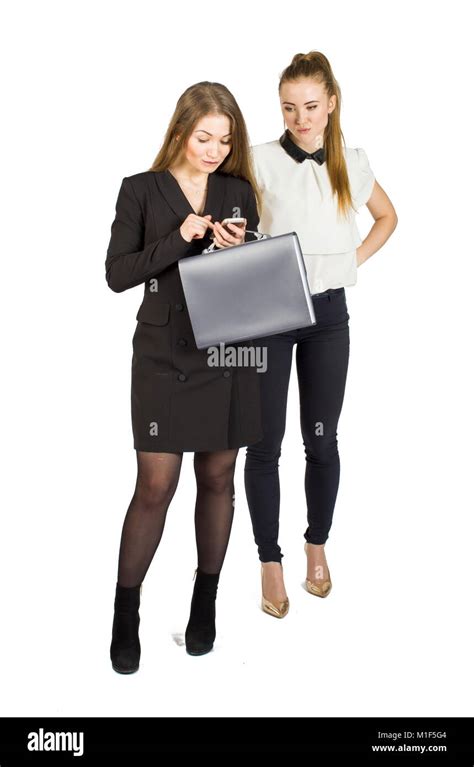 Beauty Blonde Businesswomen Holding Documents And Interacting Concept