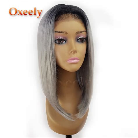 Oxeely Short Gray Synthetic Lace Front Wigs Ombre Straight Bob Hair Wig