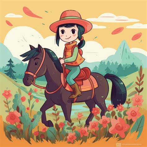 Una niña montando en una ilustración de dibujos animados de caballos