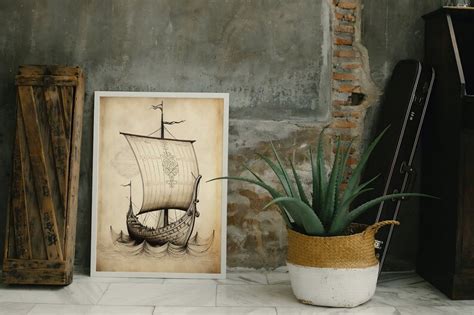 Antique Viking Ship Art Printable Nautical Wall Art Ocean Waves Digital ...