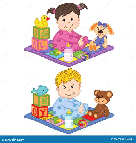 Baby Boy And Girl Sit On The Carpet With Toys Stock Vector