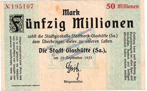 Inflation De 50 Mio Mk Glashütte Banknote 50 Millionen Mark Schein