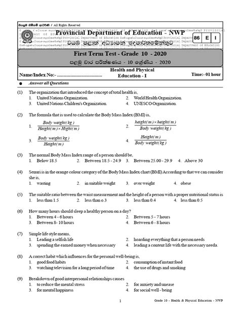 North Western Province Grade 10 Health Physical Education 2020 1 Term Test Paper 61f0e56c1e147 Pdf