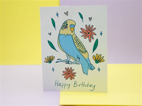 Budgie Happy Birthday Card Parakeet Floral Printed Greeting Card Etsy