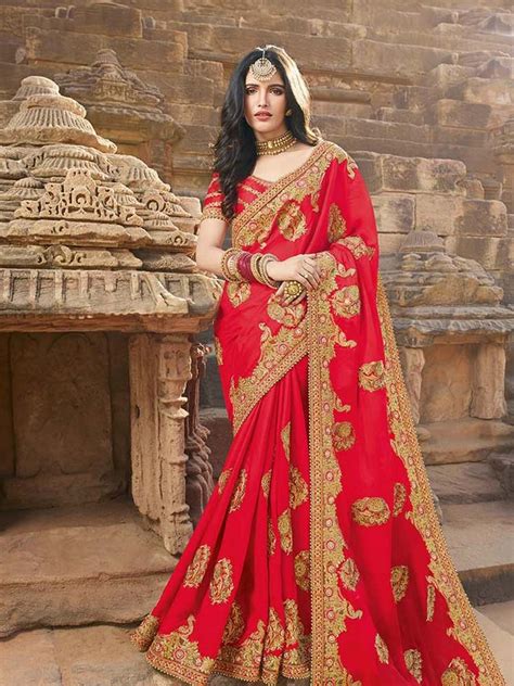 Crimson Red Silk Georgette Saree Zfsa1356 Saree Designs Party Wear