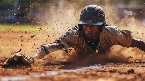 Premium Photo A Baseball Player In Action Sliding Into A Base A