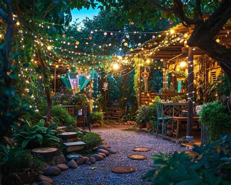 Premium Photo | A garden with a lot of lights hanging from the trees