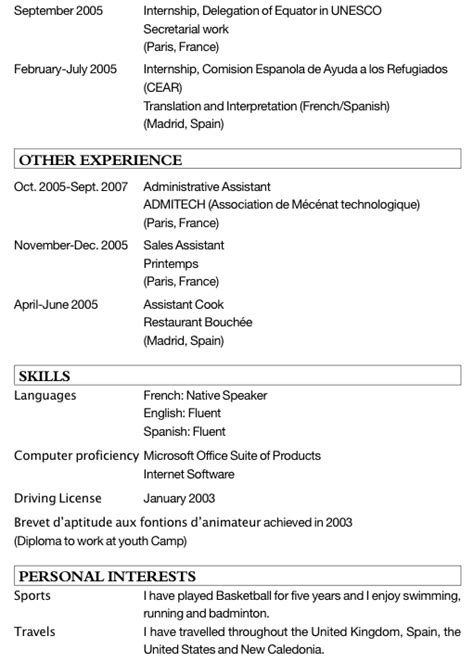 Modèle de curriculum vitae pour stage laboite cv fr