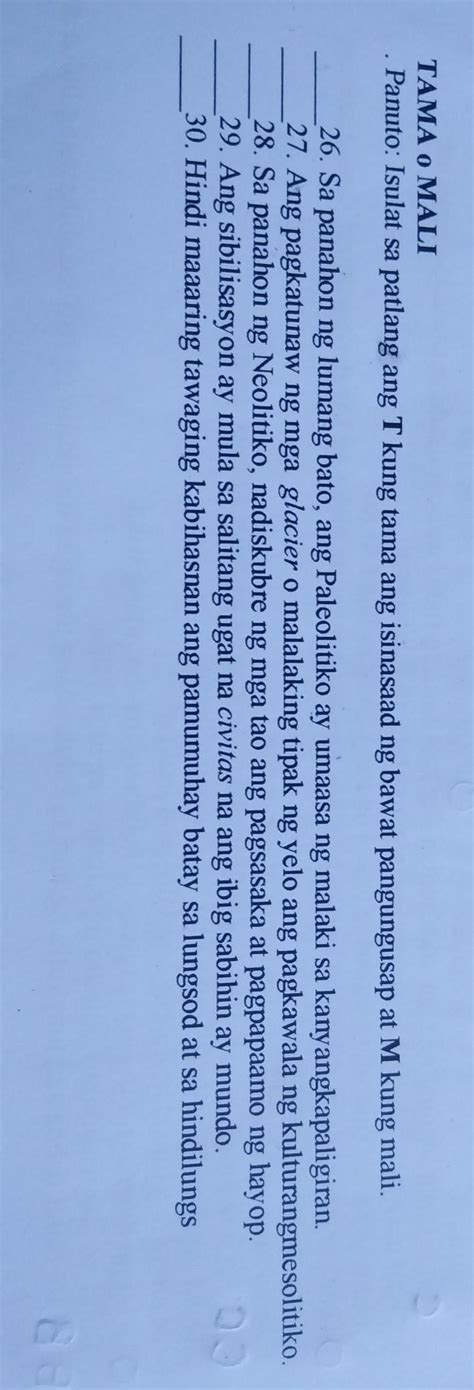 Tama O Mali Panuto Isulat Sa Patlang Ang T Kung Tama Ang Isinasaad Ng