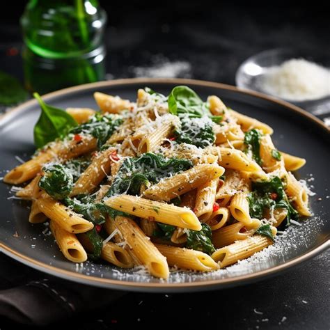 Premium Photo Penne With Spinach And Parmesan On A Plate