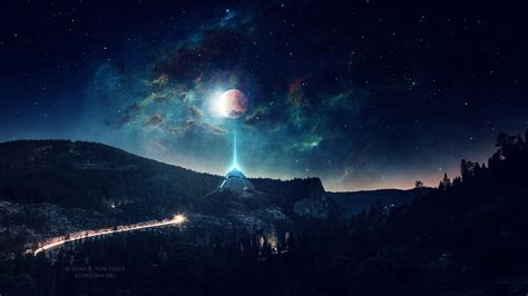 Wallpaper ID: 163308 / artwork, digital, landscape, nebula, pyramid, space, stars, Moon, night ...