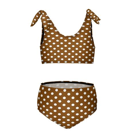 White And Brown Polka Dots Girl S 2 Piece Bikini Set Beach Sport Swimsuit Swimwear 12 14Y170cm