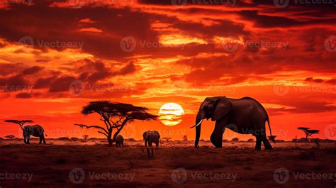 Stunning African safari scene at sunset with elephants, giraffes, and ...