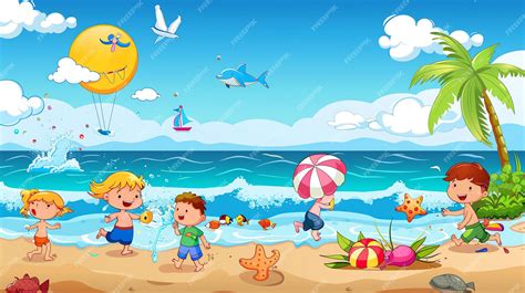 Fui À Praia Em Tunes - Uma ilustração de desenho animado de crianças brincando em uma praia ...