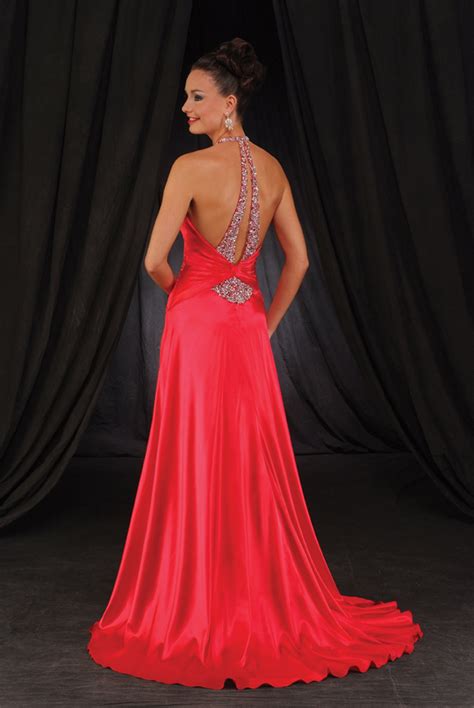 Red A Line Deep V Neck And Halter Open Back Side Slit Sweep Train Floor