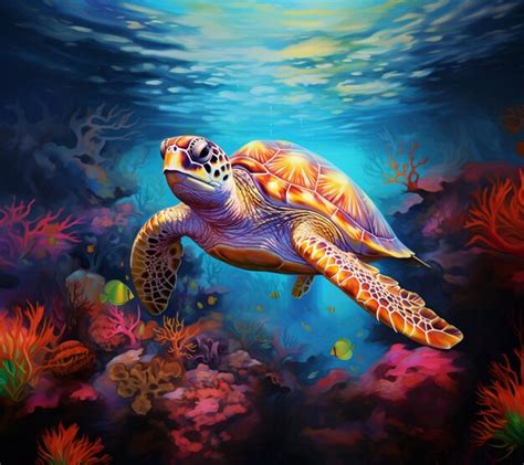 Pintura de una tortuga nadando en el océano con corales y otras plantas