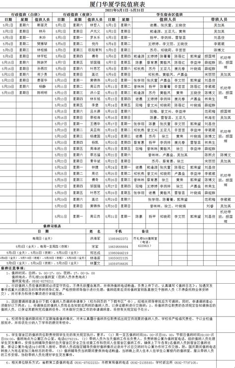 厦门华厦学院值班表2021年5月1日 5月31日 学校办公室 厦门华厦学院