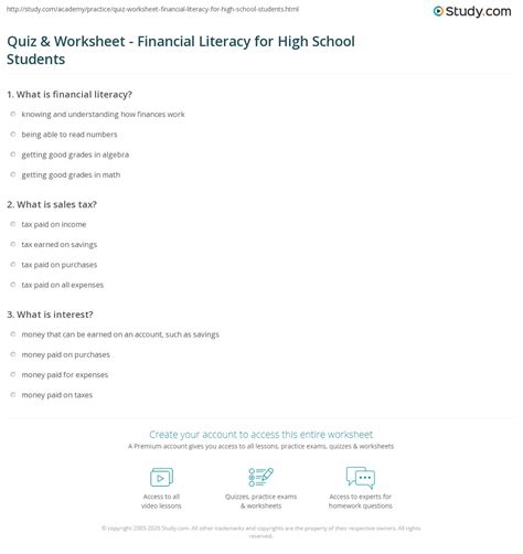 Financial Literacy Worksheets