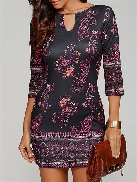 46 OFF Paisley Keyhole Neck Mini Dress With Sleeves Rosegal