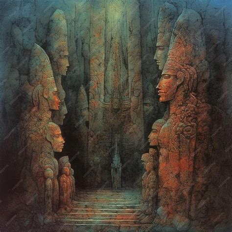 Premium AI Image | A painting of a dark cave with a large statues